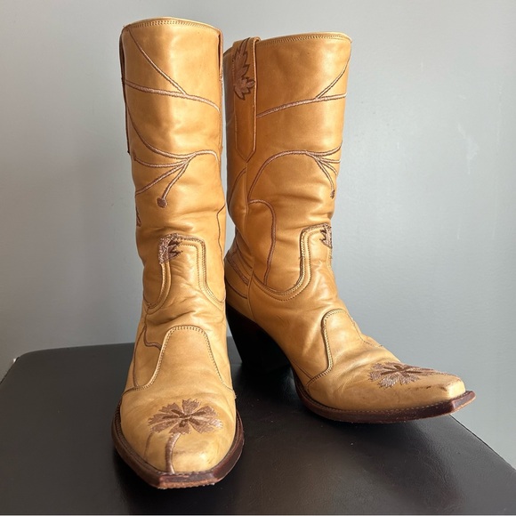 Old Gringo Shoes - Old Gringo Tan Leather Mid-Calf Floral Leaves and Vine Embroidered Cowboy Boots